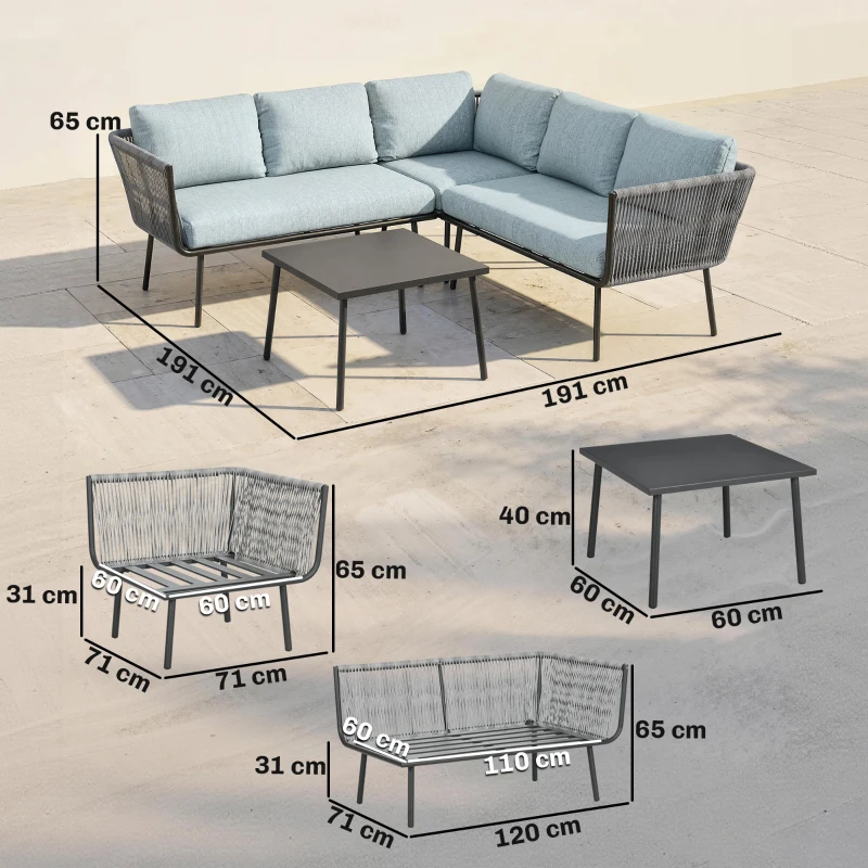 Outsunny Conjunto de Muebles de Ratán de Exterior Sofá de Esquina con Cojines y Mesa de Centro para Terraza Patio Azul Claro