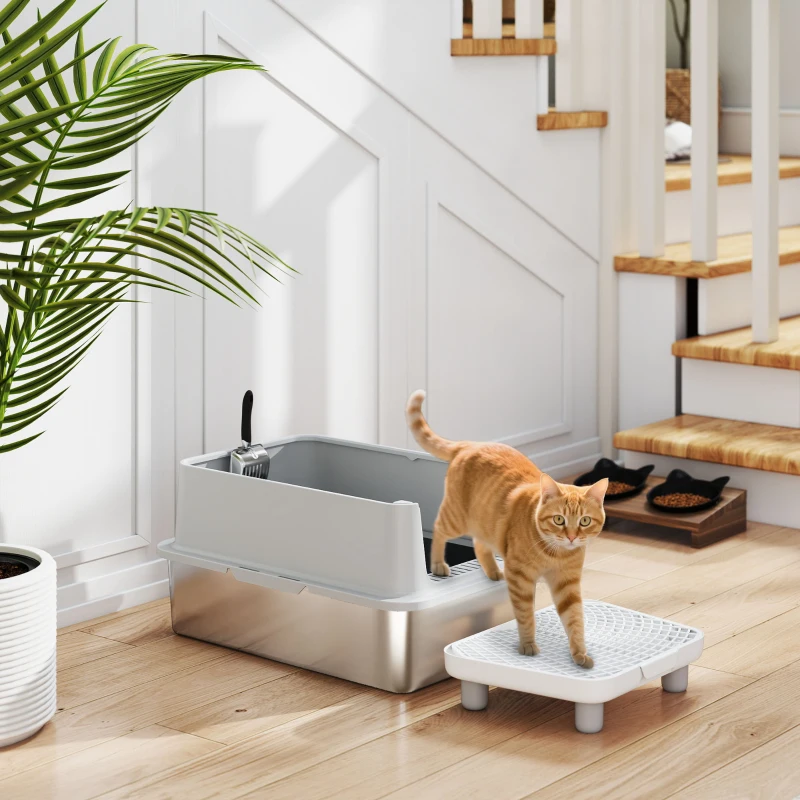 PawHut XL Katzentoilette aus Edelstahl, hohe Seitenwände, Trittplatte und Filtermatte, Schaufel, 60,2x40,2x29,6cm, Grau