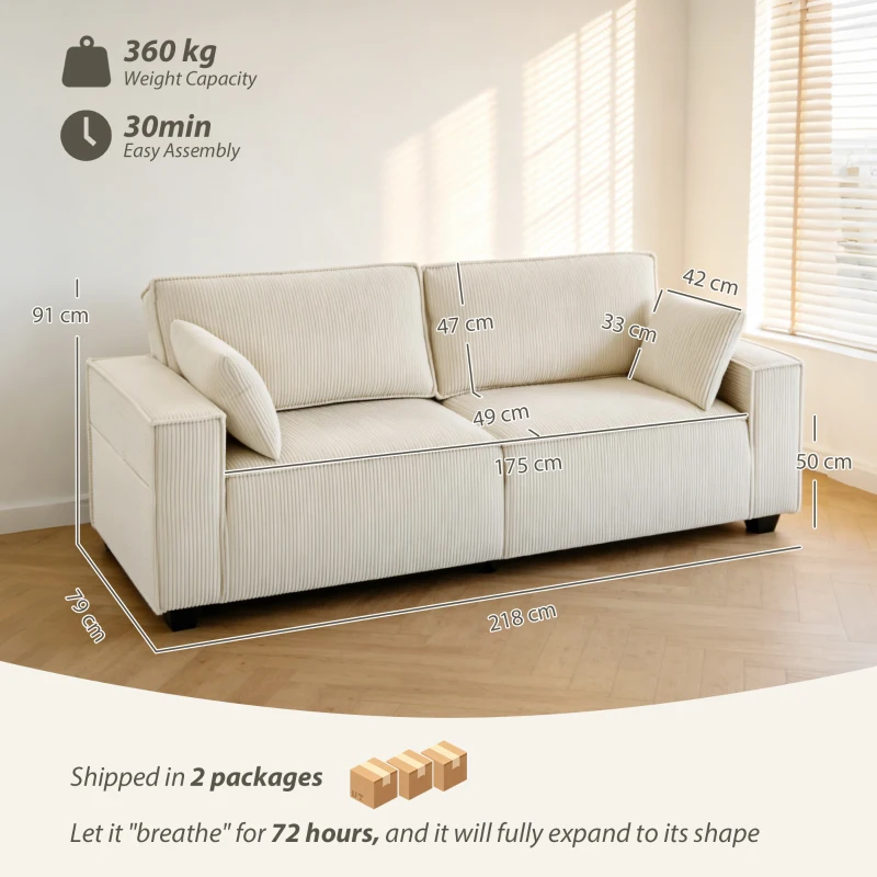 HOMCOM Canapea 3 locuri din velur canelat 218 cm, canapea de living, perne cu arcuri, cotiere late, 2 perne, bej