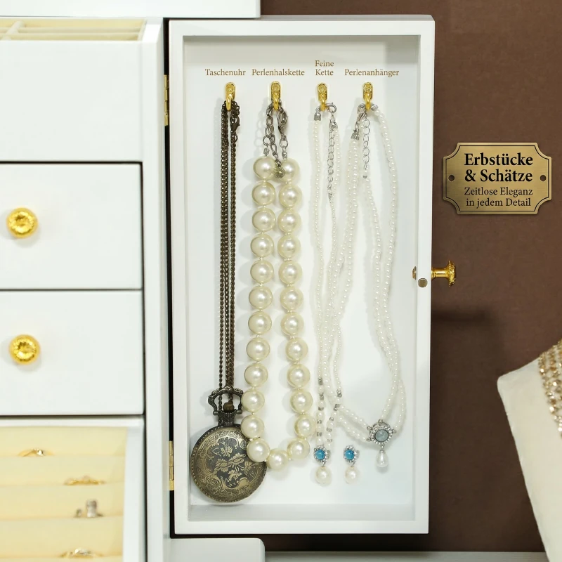 HOMCOM Boîte à Bijoux Femme à 4 Niveaux, Coffre à Bijoux en Bois avec Ailes, Miroir et 2 Tiroirs, 26,5x16 x33,5 cm, Blanc