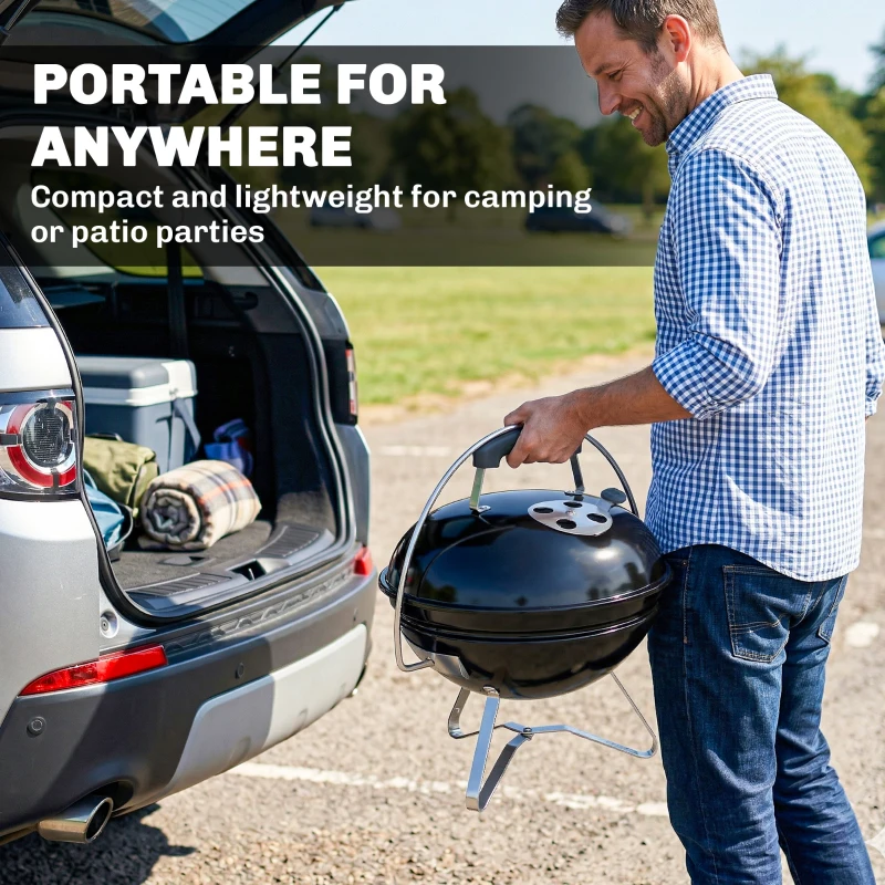Outsunny Grill Węglowy Przenośny Okrągły z Pokrywą, Regulowane Otwory Wentylacyjne, do Barbecue, 41x41x44 cm, Czarny