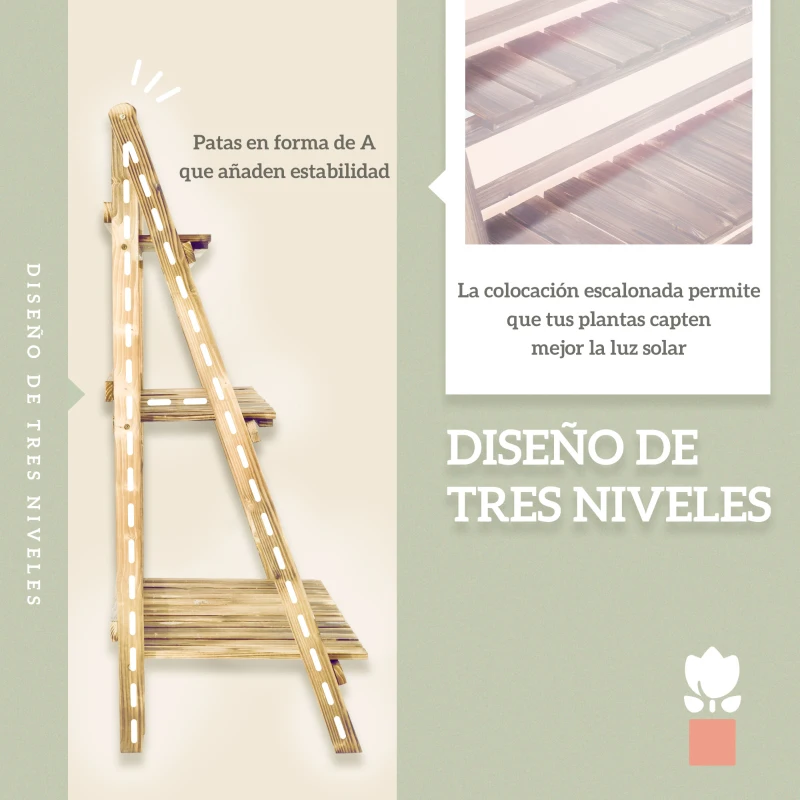 Outsunny Soporte para Plantas de Madera de 3 Niveles para Interior y Exterior Terraza Jardín 100x37x93 cm Carbonizado