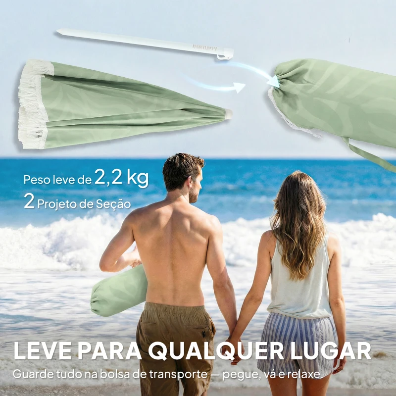 Outsunny Chapéu de Sol de Praia com Franjas Ø180 cm Altura Ajustável Inclinação Ancoragem na Areia e Bolsa de Transporte UPF30+ Verde