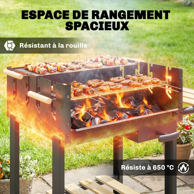 Outsunny Chariot à barbecue de bois avec 2 grilles réglables, barbecue au charbon de bois sur roulettes, tablette latérale, noir
