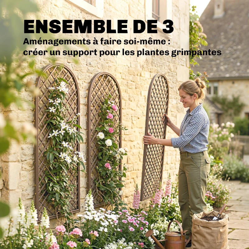 Outsunny Lot de 3 Treillis de jardin en osier tissé Panneau Arc pour Plantes grimpantes 43 x 2 x 112 cm, effet bois naturel