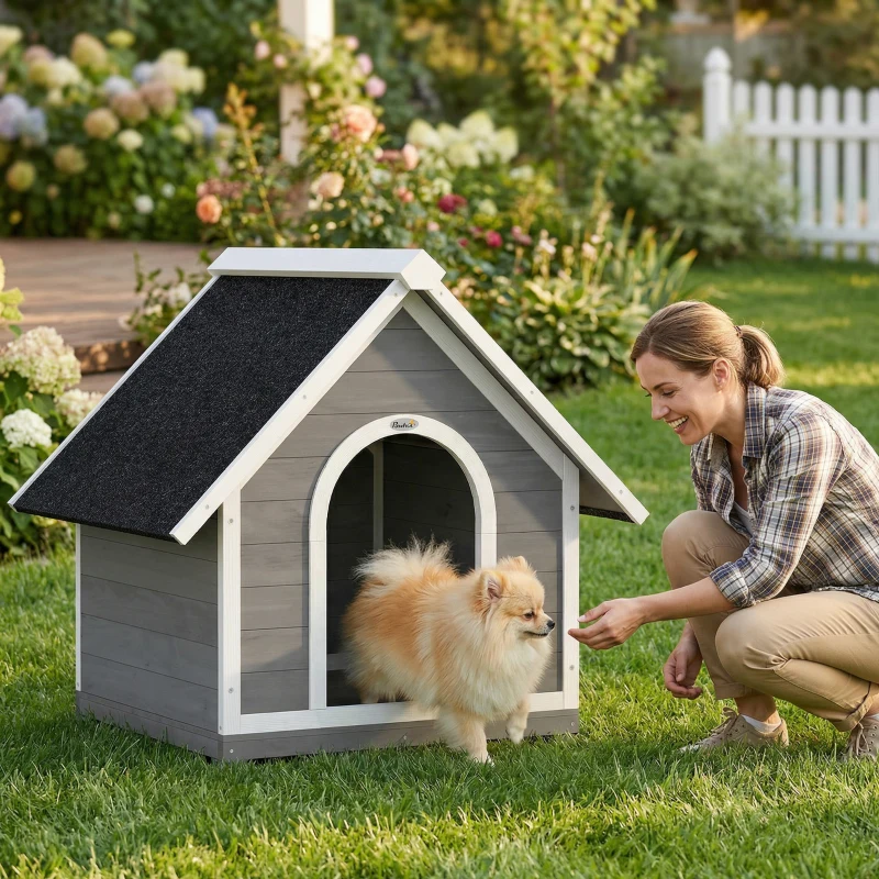 PawHut Außen-Hundehütte Hundehaus komplett aufklappbares Gehäuse für einfache Reinigung 84x101x86 cm Grau und Weiß