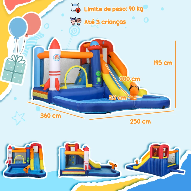 AIYAPLAY Castelo Insuflável com Insuflador 5 em 1 com Escorrega Piscina  Parede de Escalada e Canhão de Água 360x250x195 cm Multicor