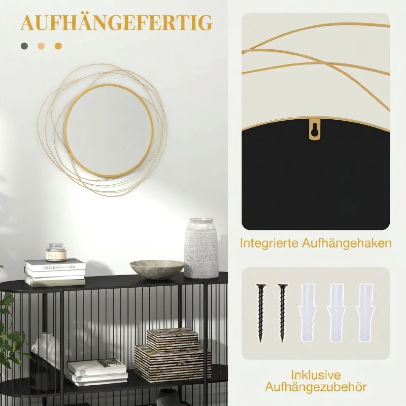 HOMCOM Espejo Decorativo de Pared Adorno de Pared Metálico Ø65 cm con Ganchos para Salón Dormitorio Pasillo Dorado