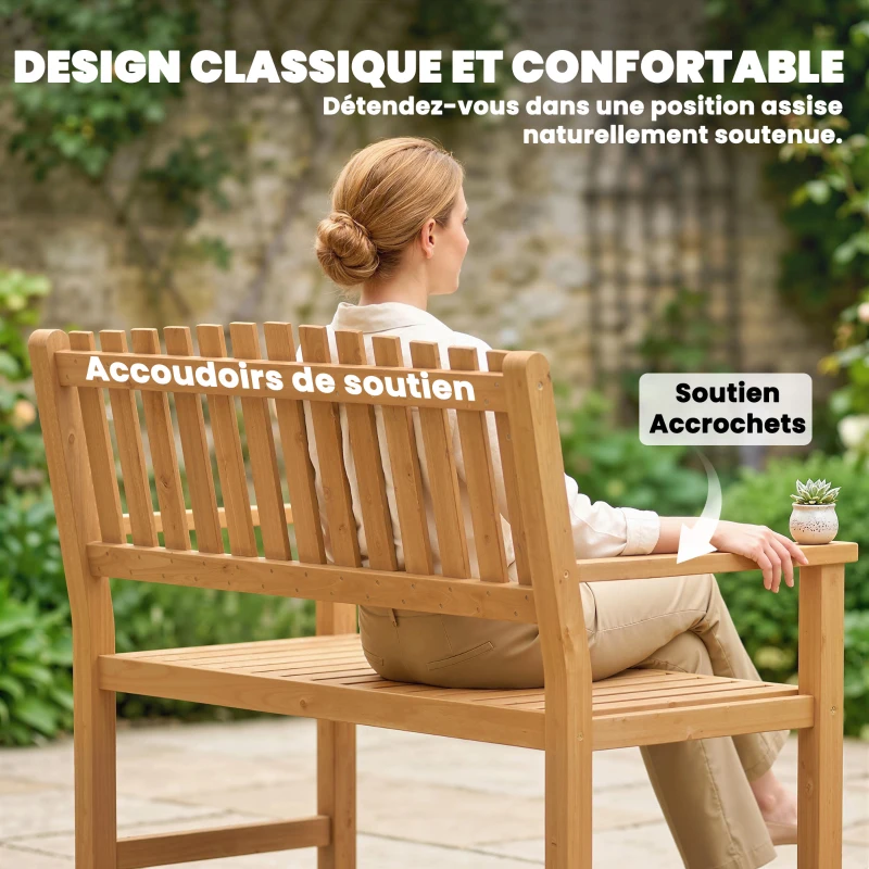 Outsunny Banc de Jardin Banquette de Terrasse 2 Places Charge Max. 320kg Accoudoirs 112 x 64 x 92 cm Bois d'Acacia Naturel