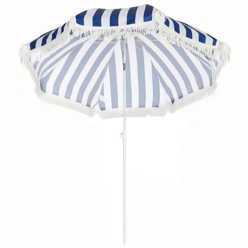 Outsunny Chapéu de Sol de Praia com Franjas Ø180 cm Chapéu de Sol Exterior com Altura Ajustável Inclinação 30° Azul e Branco