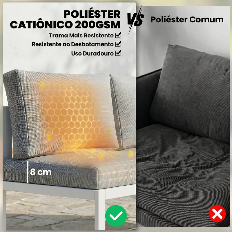 Outsunny Conjunto de Jardim de 4 Peças Sofá Exterior Seccional em L com 3 Sofás de 2 Lugares Assento em Textilene Mesa com Bancada Efeito Madeira WPC Cinza Claro e Branco