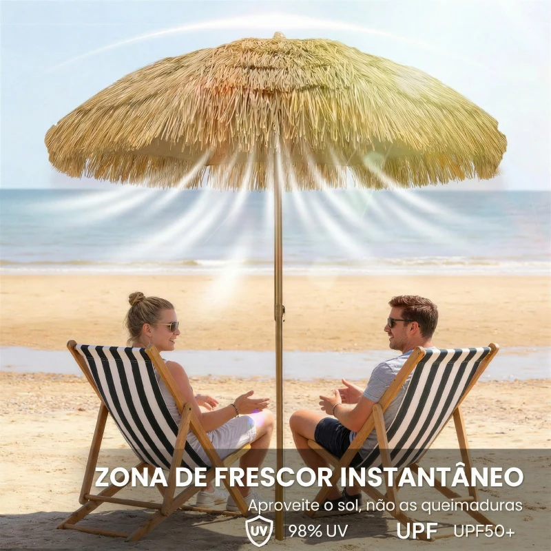 Outsunny Chapéu de Sol de Praia com Franjas de Palha Ø178 cm com Inclinação Altura Ajustável UV50+ Bolsa de Transporte Castanho Claro