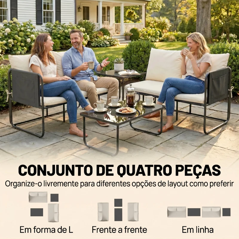 Outsunny Conjunto de Jardim de 4 peças Móveis de Exterior com 2 Sofás de 2 Lugares 2 Mesas de Vidro Almofadas Capas Removíveis Preto e Bege