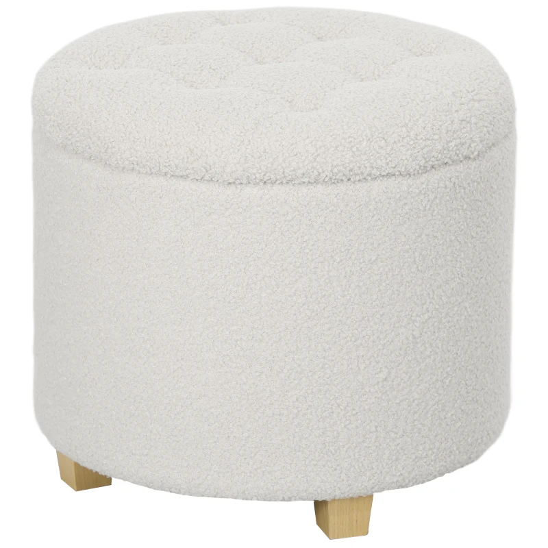 HOMCOM Puff Almacenaje Baúl de Almacenaje Redondo 40,5L 45x45x41 cm Tapizado en Borreguillo con Patas de Madera Blanco