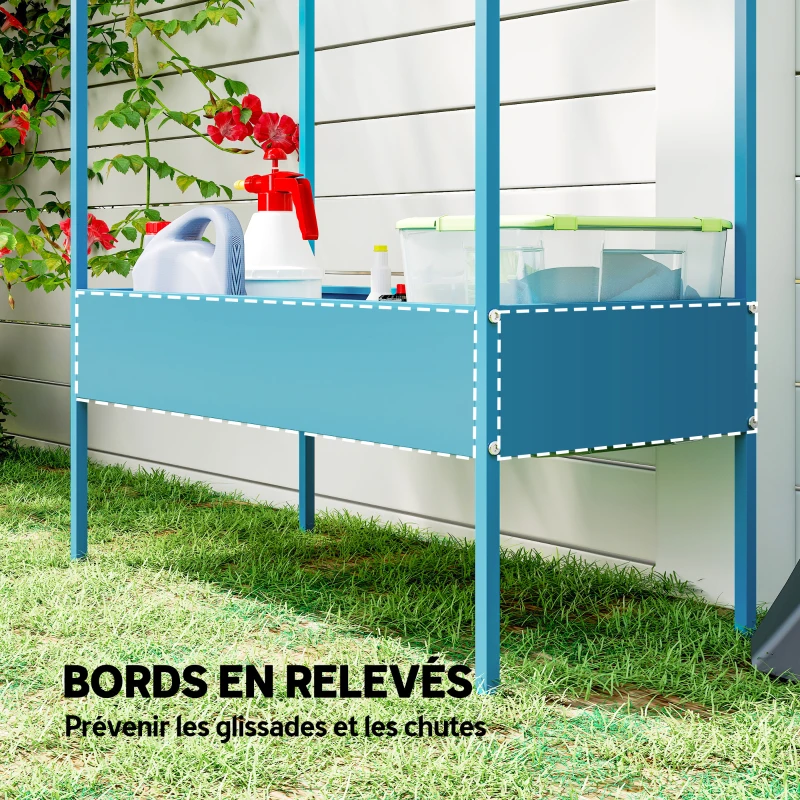 Outsunny Étagère à Plantes 2 Niveaux, Support de Plantes en Métal avec Crochet, Porte-Pots en Forme de Maison, Bleu-Vert