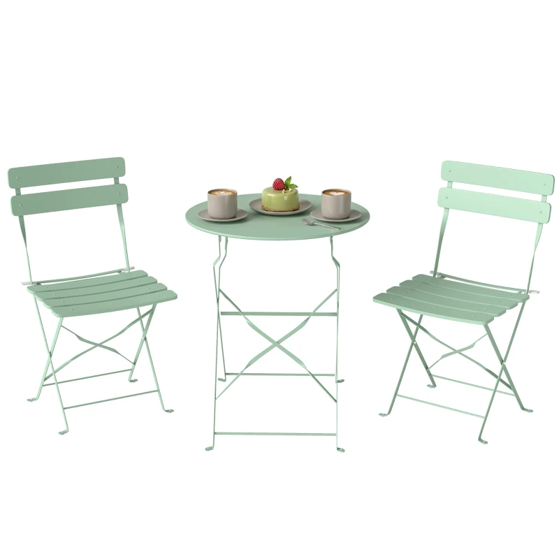 Outsunny Conjunto de Jardín Plegable con 2 Sillas Plegables Mesa Redonda Estructura Metálica Electrofórica para Balcón Verde