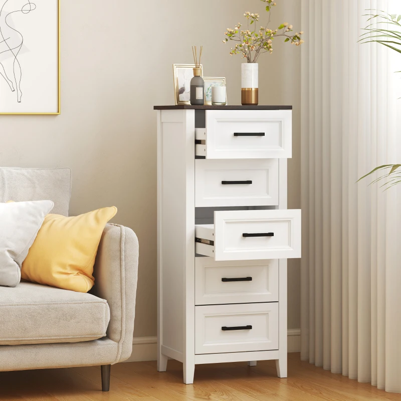 HOMCOM Cómoda 5 Gavetas Cómoda de Dormitório Estreita e Alta com Bancada com Efeito Madeira 45x35x106 cm Branco