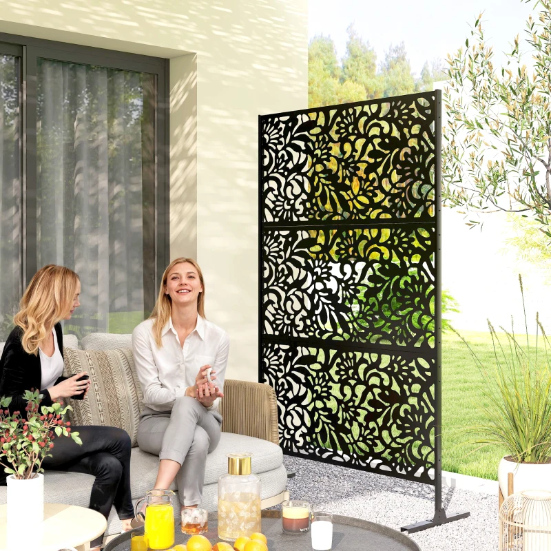 Outsunny Panneau Brise Vue décoratif Extérieur Claustra Décoratif Jardin 3 Panneaux à motif floral Acier 122 x 45 x 198 cm Noir