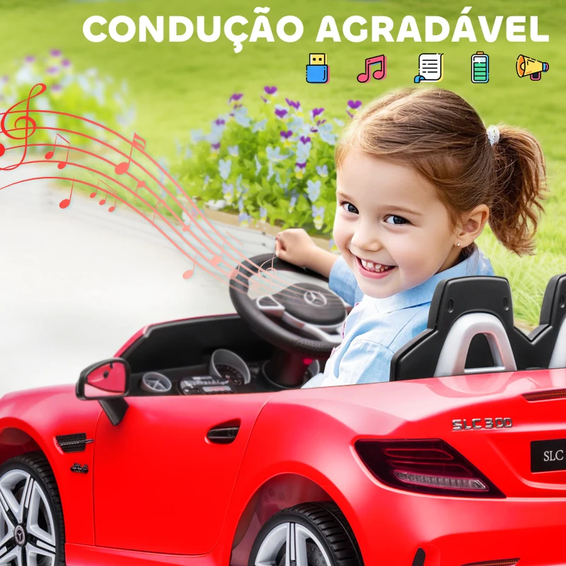 AIYAPLAY Carro Elétrico Mercedes SLC 300 12V com Controlo Remoto Faróis LED Música TF USB e Abertura da Porta 3-5km/h 107x62,5x44 cm Vermelho