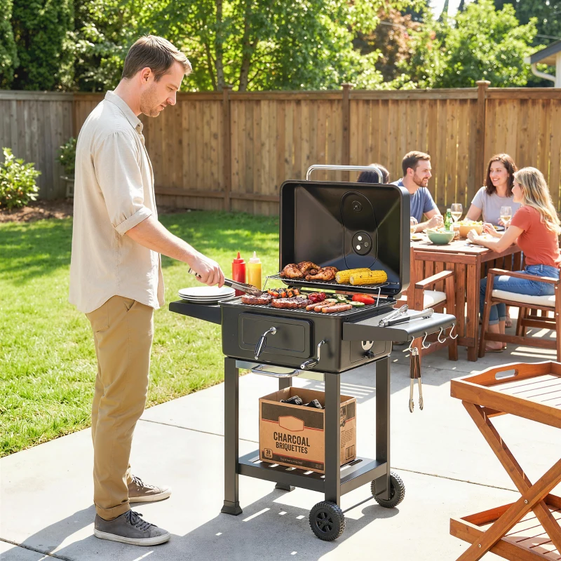 Outsunny Barbecue Charbon de Bois Chariot Grill de Jardin avec Couvercle XXL Bac à Charbon et Évents Réglables 112cm Noir