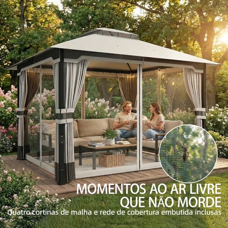 Outsunny Pérgola de Jardim 360x300x279 cm com Duplo Teto 4 Paredes Laterais e Rede Mosquiteira Estrutura Metálica Cinza Claro