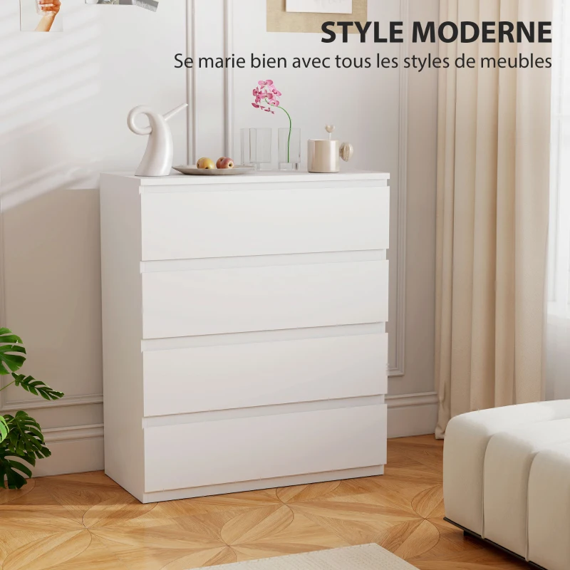 HOMCOM Commode 4 tiroirs, meuble de rangement épuré pour chambre, intérieur, 80 x 39 x 95 cm panneau de particules blanc