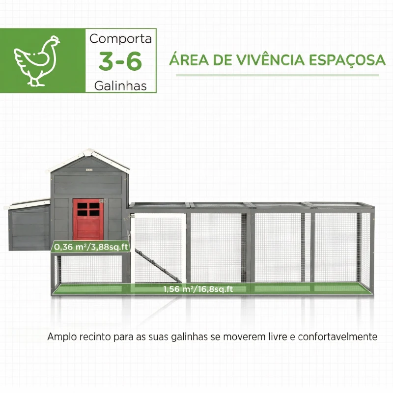 PawHut Galinheiro Grande de Madeira 300x66x116 cm com Ninho, Corredor Bandeja Removível Telhado Asfáltico Rampa 297,5x68x118 cm Branco e Cinza