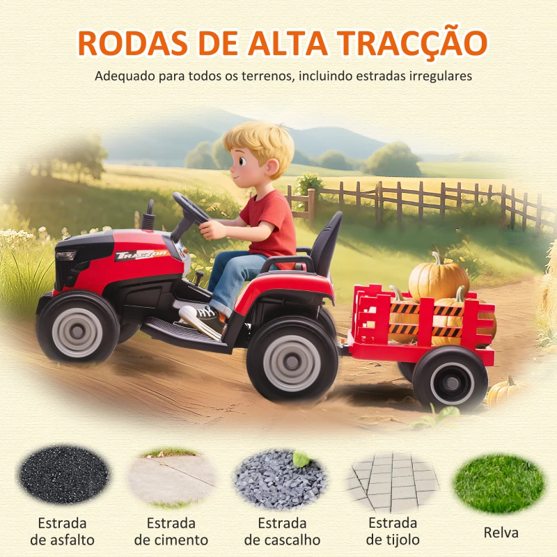 AIYAPLAY Trator Elétrico para Crianças com Reboque Desmontável Bateria 12V Velocidade 3-5 km/h Controle Remoto 2,4G 139x58x55 cm Vermelho