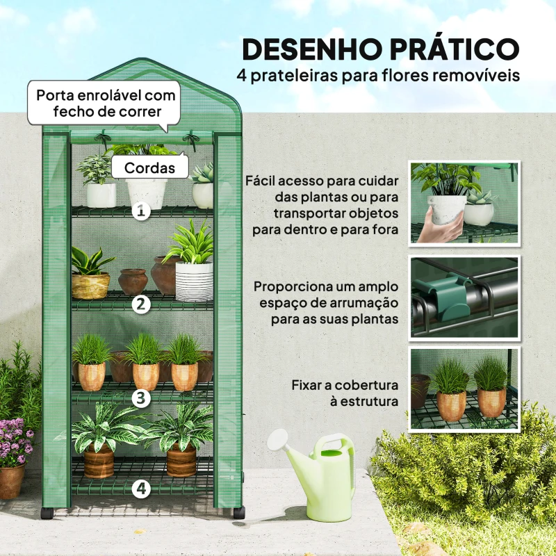 Outsunny Estufa de Exterior com 4 Prateleiras e Rodas Porta Enrolável Estrutura em Aço e Cobertura de PE 140g/㎡ Anti-UV 69x50x165 cm Verde