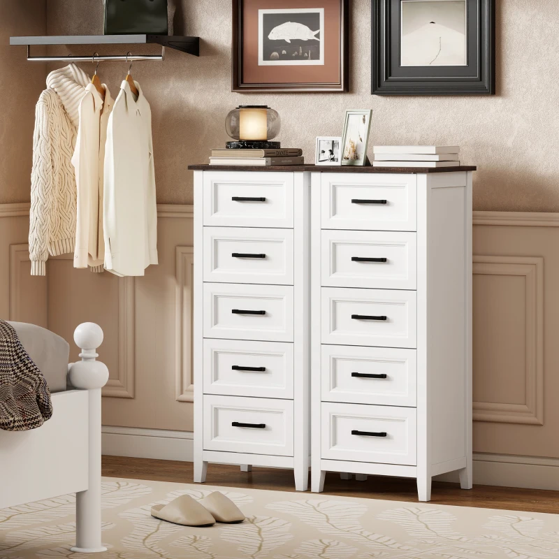 HOMCOM Cómoda 5 Gavetas Cómoda de Dormitório Estreita e Alta com Bancada com Efeito Madeira 45x35x106 cm Branco