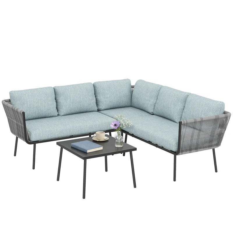 Outsunny Conjunto de Muebles de Ratán de Exterior Sofá de Esquina con Cojines y Mesa de Centro para Terraza Patio Azul Claro