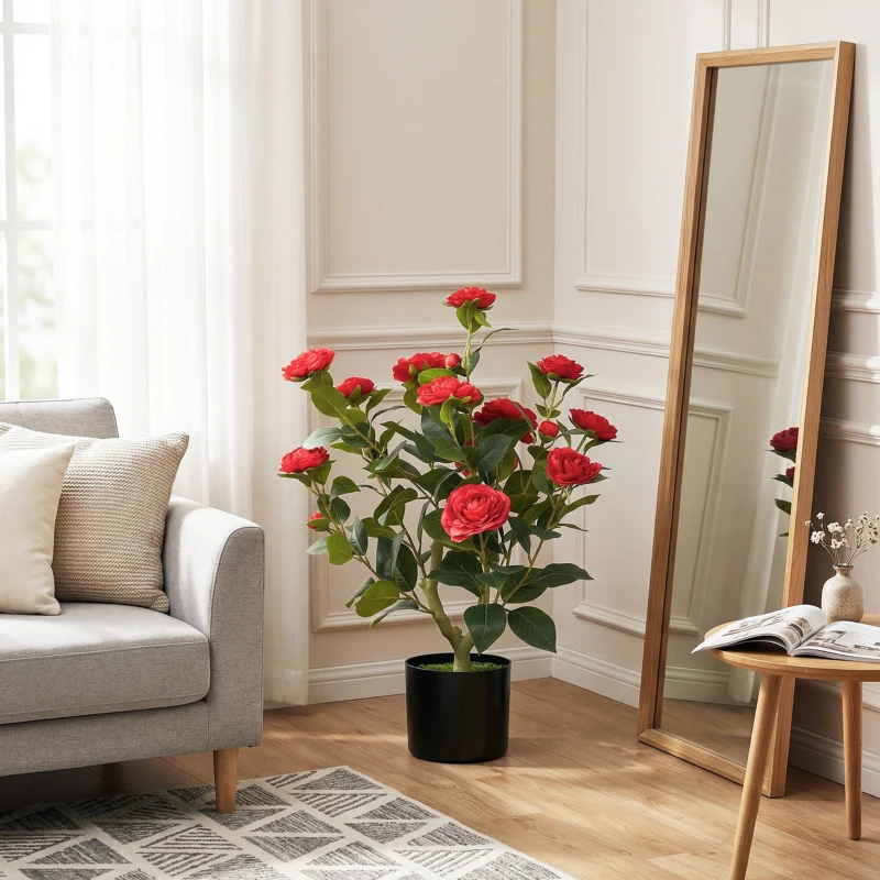 HOMCOM Plantă Artificială de Camelie 65 cm Arbore Artificial în Ghiveci cu Flori din Mătase Realiste 116 Frunze Efect Mușchi Roșu