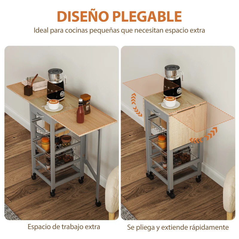 HOMCOM Carrito Auxiliar Plegable Carrito de Cocina con 6 Ruedas 1 Cajón y 3 Cesta de Metal 97,2x37x77,5 cm Gris y Roble