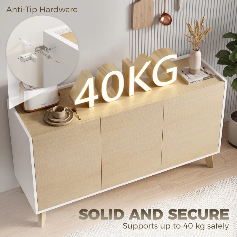 HOMCOM Aparador de cocina, mueble de almacenamiento nórdico, 3 puertas con cierre suave, 6 compartimentos, madera natural y blanco