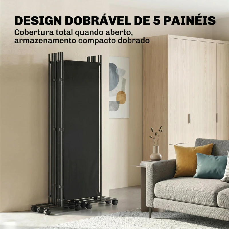 Outsunny Biombo Dobrável de 5 Painéis com 12 Rodas 252x170 cm Biombo Separador de Ambientes Preto