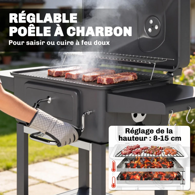 Outsunny Barbecue Charbon de Bois Chariot Grill de Jardin avec Couvercle XXL Bac à Charbon et Évents Réglables 112cm Noir