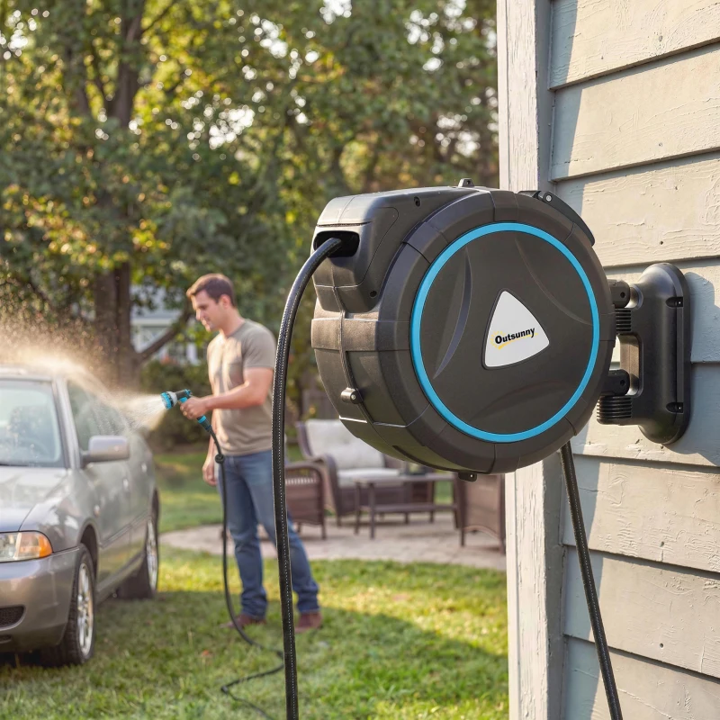 Outsunny Enrolador de Mangueira de Parede Automático 23+2m Carretel Automático Pistola de Rega 10+2 Modos 55x31x50cm Azul