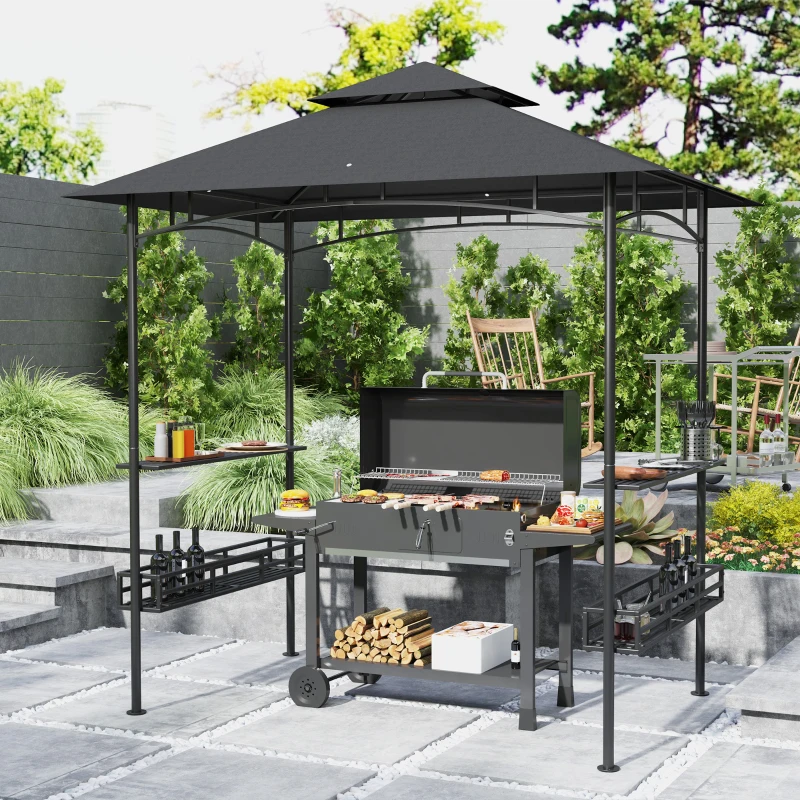 Outsunny Tonnelle de barbecue auvent de réception pour jardin crochet au plafond étagères paniers 240 x 150 x 257 cm gris foncé