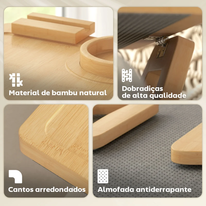 HOMCOM Bandeja para Apoio de Braço de Sofá em Bambu com Porta-Copos Extraível e Suporte Giratório 360° 33x23x5 cm Madeira