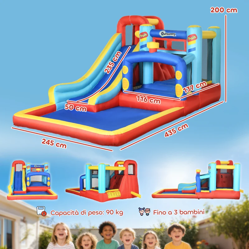 Outsunny Castello Gonfiabile per Bambini 3-8 Anni con Trampolino, Scivolo e Piscina, 435x245x200cm