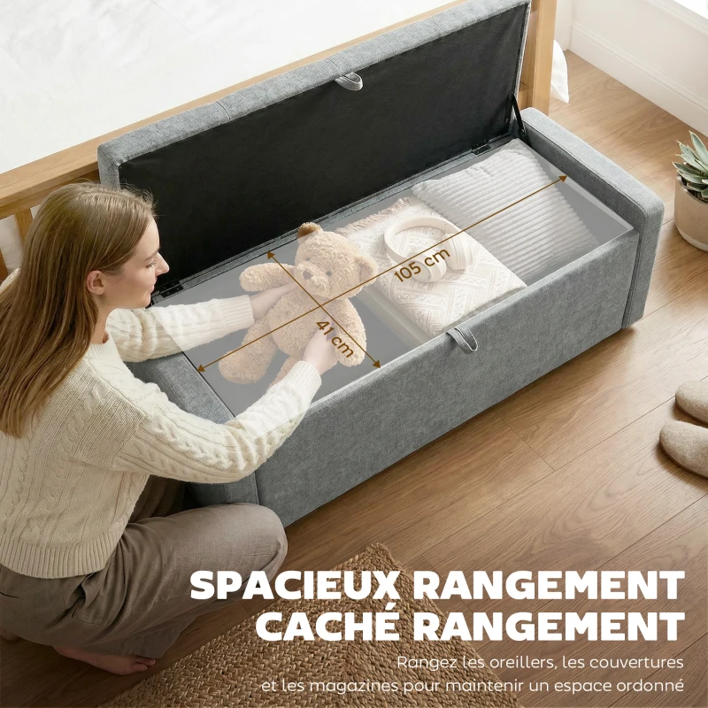 HOMCOM Banc de rangement, bout de lit, repose-pieds rembourré en lin avec assise large, 122 x 48 x 44 cm, gris clair