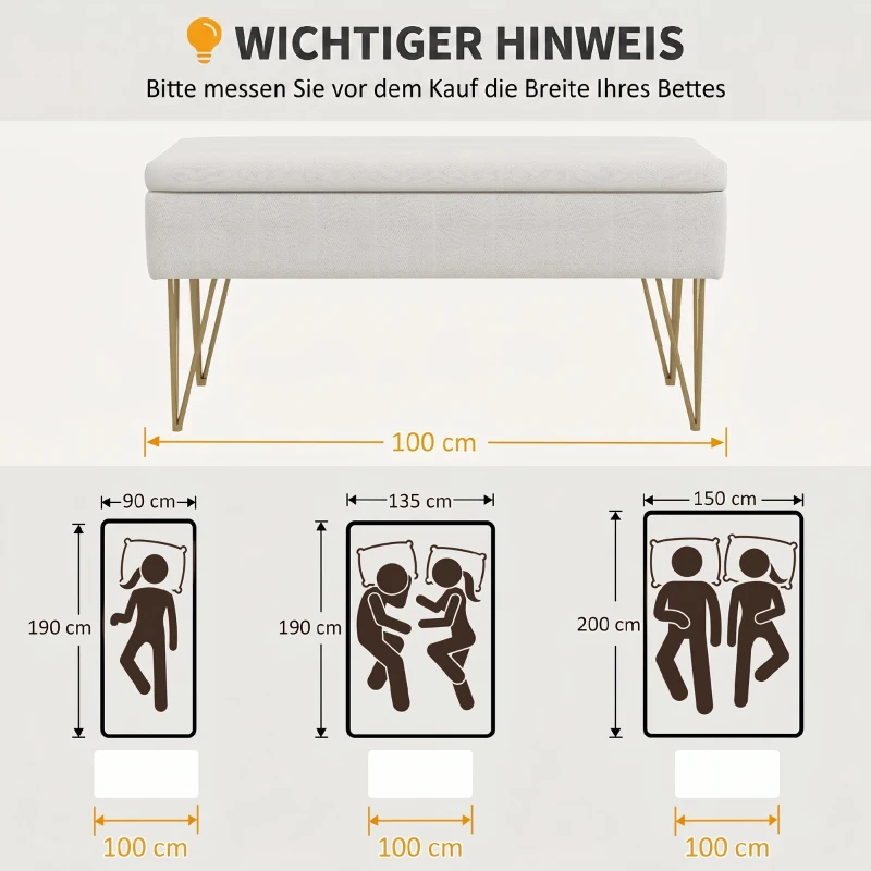 HOMCOM Banco para Pé de Cama Estofado em Tecido Sintético com Pernas de Aço e Assento Acolchoado 100x40x49 cm Creme