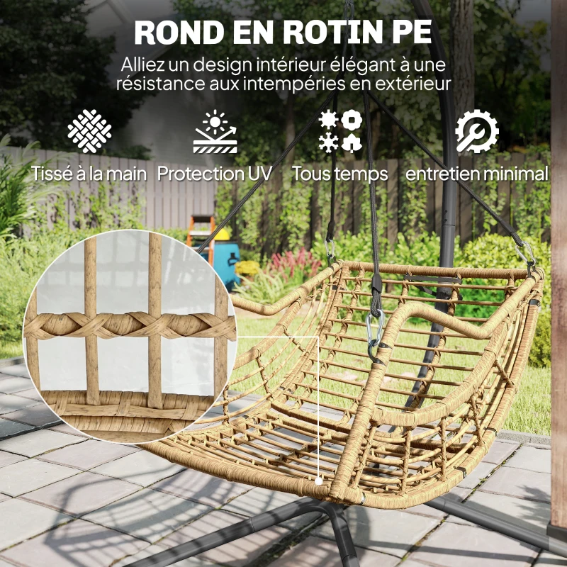 Outsunny Fauteuil suspendu en résine tressée avec support, chaise suspendue, coussin, attache de sécurité, hauteur réglable, gris