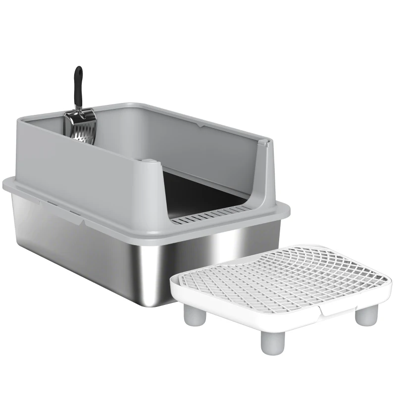 PawHut Tavă XL pentru litieră din oțel inoxidabil, Pereți laterali înalți, Pedală și covoraș filtrant, Lopată, 60,2x40,2x29,6cm, Gri