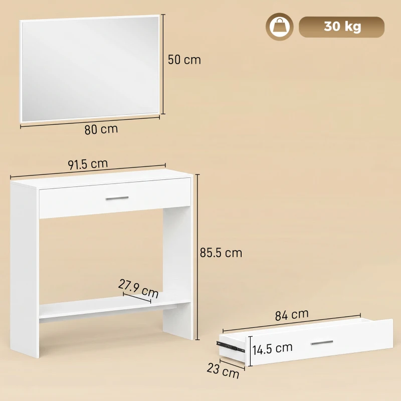 HOMCOM Mobile da Ingresso con Specchio, Cassetto e Ripiano, 91,5x27,9x85,5 cm, Bianco