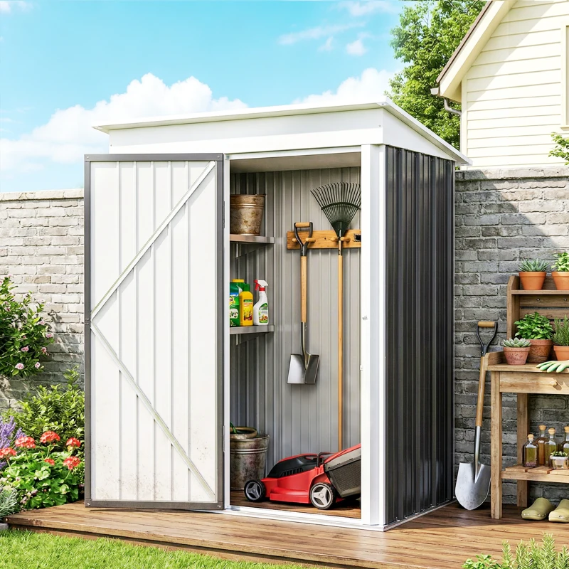 Outsunny Gartenschuppen, Outdoor-Geräteschuppen aus Wellstahl, Wanddesign, verstellbare Regalböden, verschließbare Tür Dunkelgrau