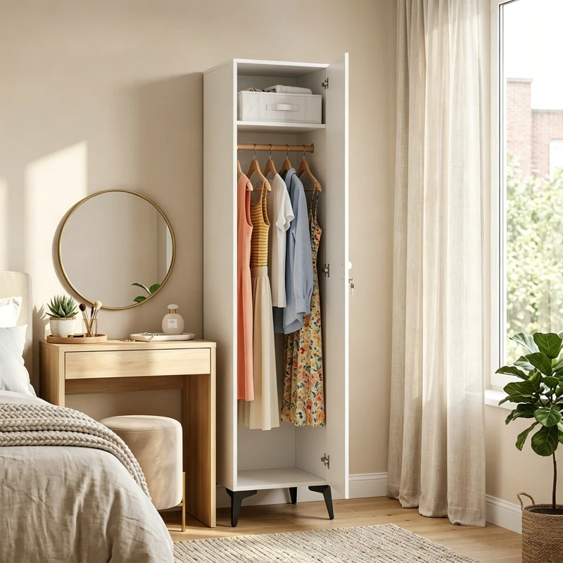HOMCOM Armadio stretto con porta, asta e ripiani di stoccaggio per camera, 36x40x180 cm, bianco