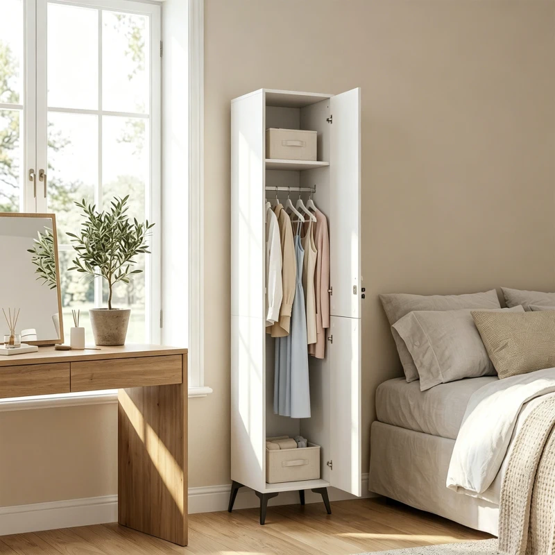 HOMCOM Armadio stretto con porta, asta e ripiani di stoccaggio per camera, 36x40x180 cm, bianco