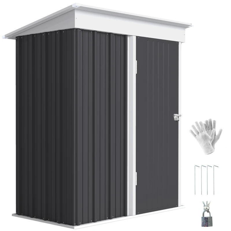 Outsunny Metal Garden Shed, Outdoor Lean-to Shed for Tool Motor Bike, with Adjustable Shelf, Lock, Gloves, 5'x3'x6',  Dark Grey