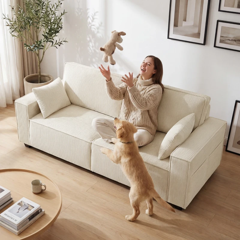 HOMCOM Sofá 3 plazas de terciopelo acanalado 218 cm, sofá salón, cojines con muelles, reposabrazos anchos, 2 cojines, beige